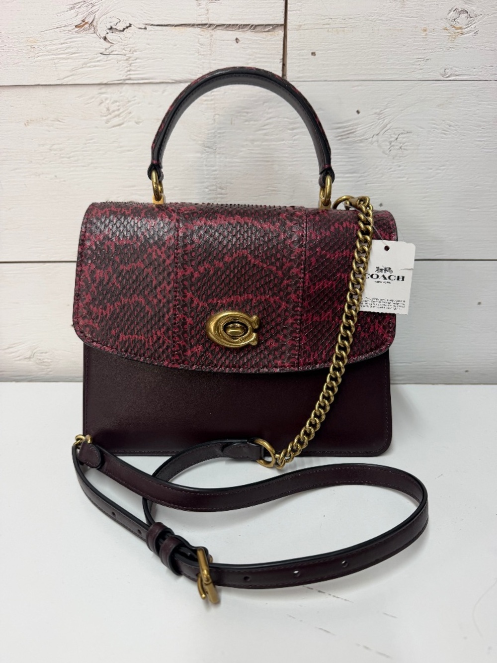 NWT COACH Parker Top Handle In Blocked Snakeskin - Brass/Deep Red